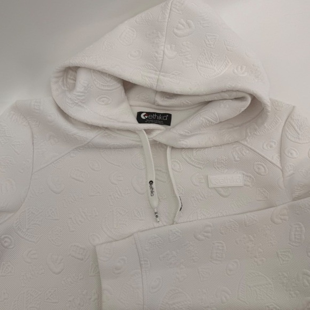 Ethika Mens White Embossed Logo Hoodie Sweatshirt XL All Over Print Textured